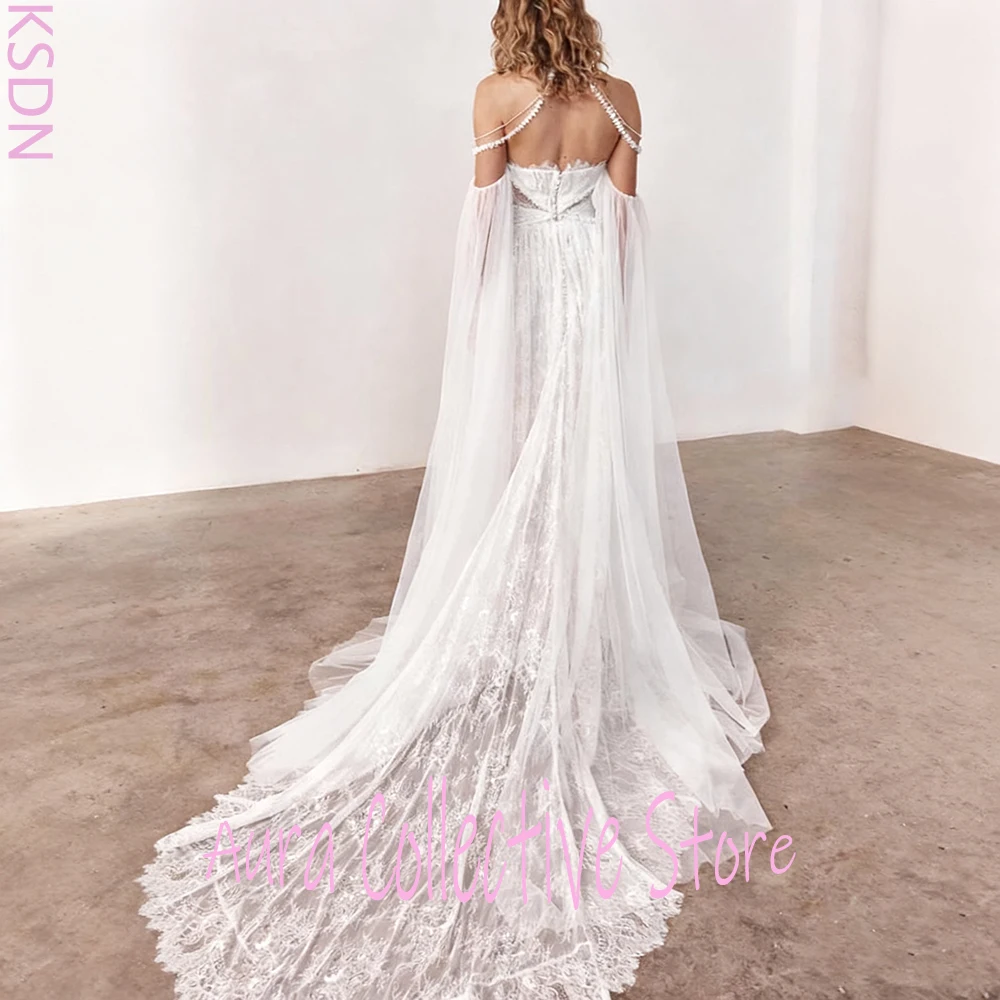 Robe de mariée de luxe en mousseline de soie et dentelle pour femmes, effet d'illusion, sans bretelles, épaules dénudées, style Boho, en Tulle transparent, avec traîne Court
