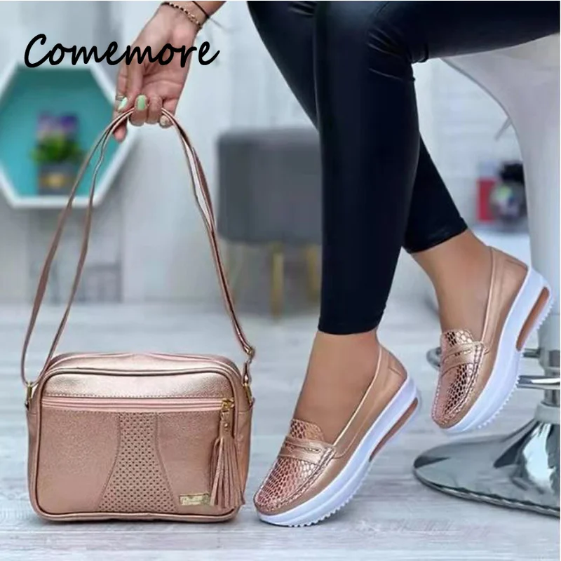 Comemore Plus Size 43 Casual Flat Shoes of Women 2023 Fashion Round Toe Platform Sneakers Comfort Non Slip Woman Loafers Silver