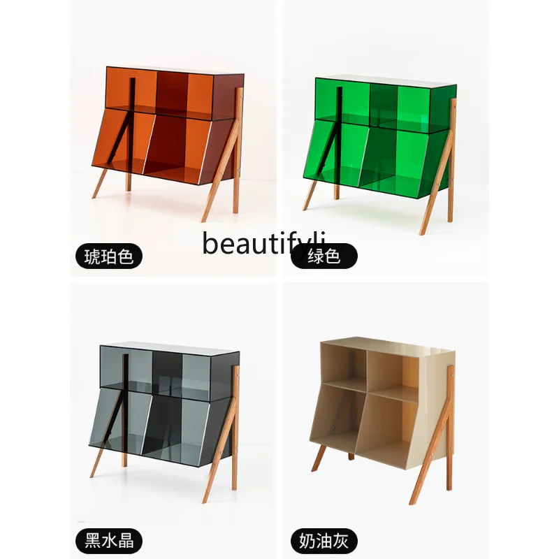 

Acrylic Magazine Cabinet Shelf Display Storage Side Cabinet Nordic Cherrywood Bookshelf Living Room Bedroom Retro Side Table