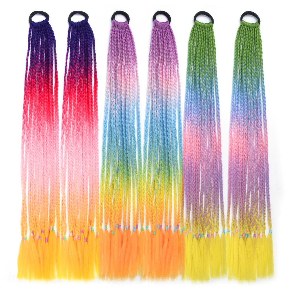 Synthetic Ponytail Rainbow Hairpiece Extensions False Overhead Tail With Rubber Elastic Band Colorful Box Braiding Kids Pigtail