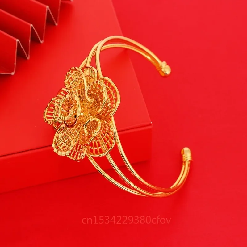 Fashion Imitation Gold Women's Flower Bracelet Open Big Flower Wide Bracelet Fashion Ethnic Style Copper Gold Plated 24K Jewelry