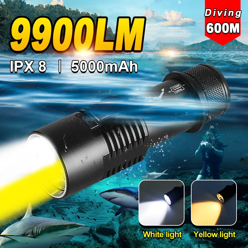 

9900Lm Powerful Diving Flashlights Dual Light Source LED Professional Scuba Diving Torch Waterproof Diving 600M Underwater Torch