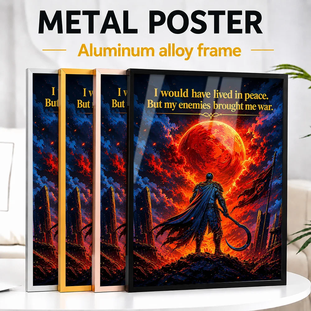 Warrior Standing Before Red Moon Metal Poster With Aluminum Alloy Frame Personalized Cosmic Perspective Wall Art Enhances Office