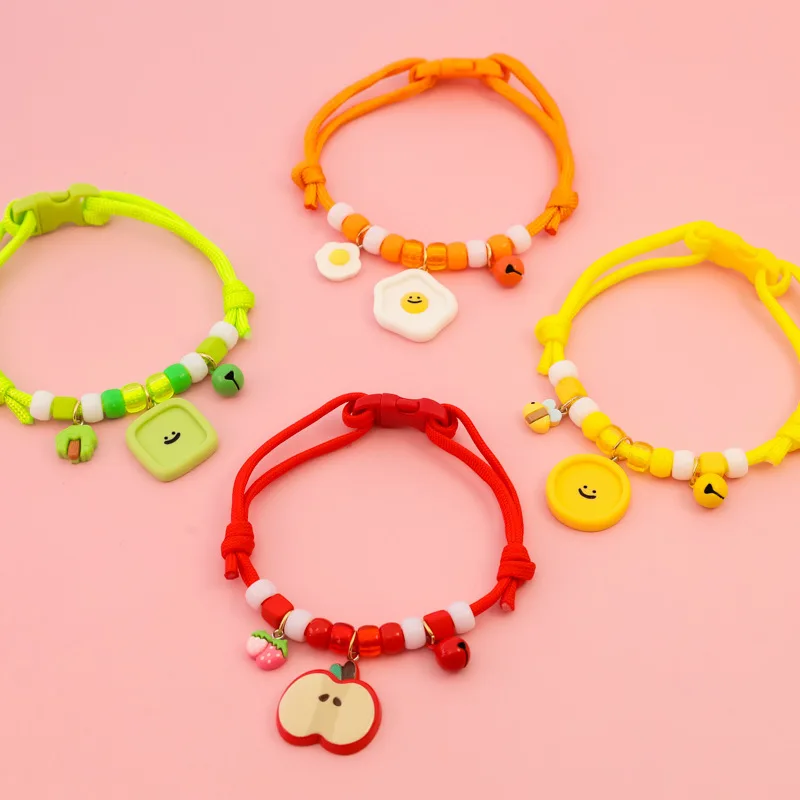 

Pet Cat and Dog Collar with Color-matched Braided Necklace, Adjustable, Cute Decoration Featuring Eggs, Bees and Apples.