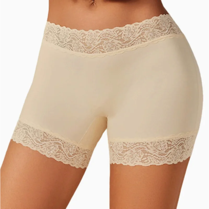 Women Mid Waist Ice Silk Seamless Lace Safety Shorts Anti Chafing 2 In 1 Slip Short