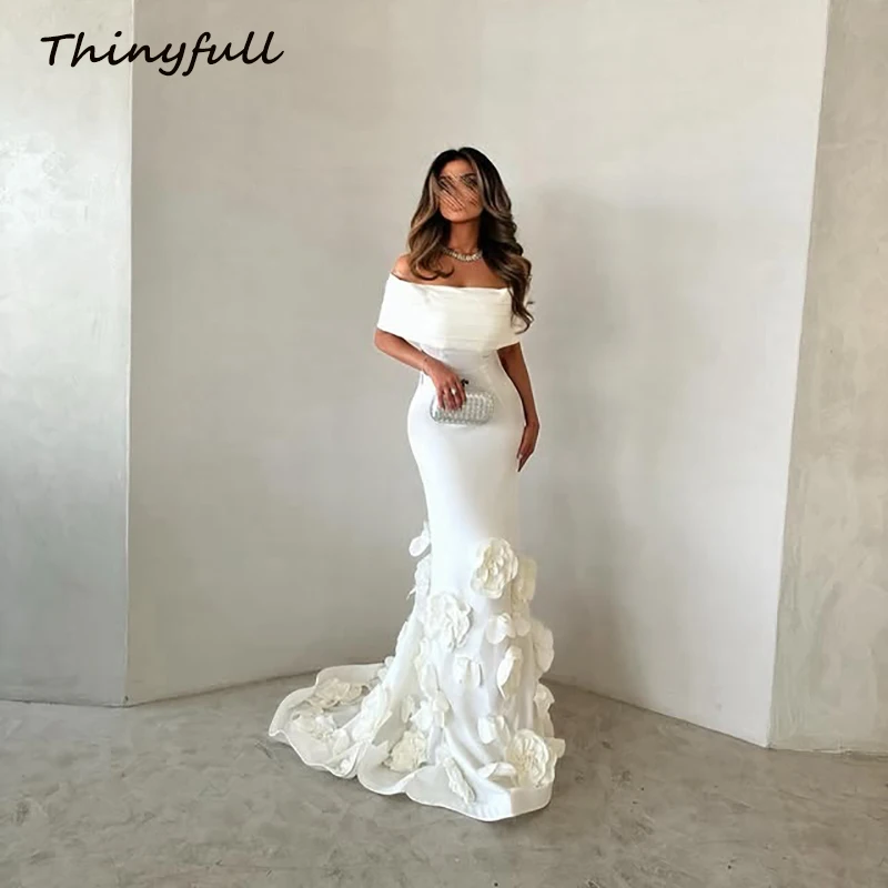 

Thinyfull Mermaid 3D Flowers Satin Evening Dresses Off Shoulder Dubai Prom Party Dress 2025 Formal Occasion Gown Customized