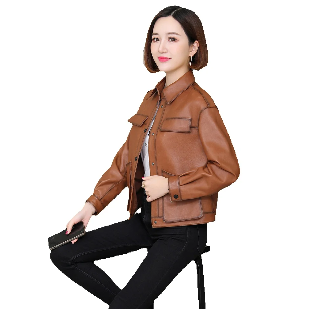 Spring New Genuine Leather Clothes Sheepskin Women's Short Korean Edition Flip Collar Single Leather Motorcycle Jacket Coat Tren