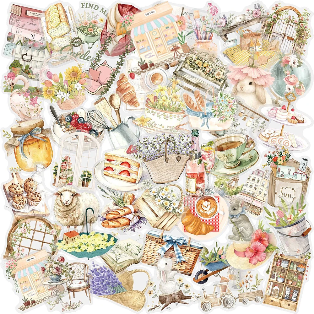 10/30/50pcs Cartoon French Pastoral Art Style Stickers Watercolor Aesthetic Sticker Scrapbook Luggage Phone Transparent Decals