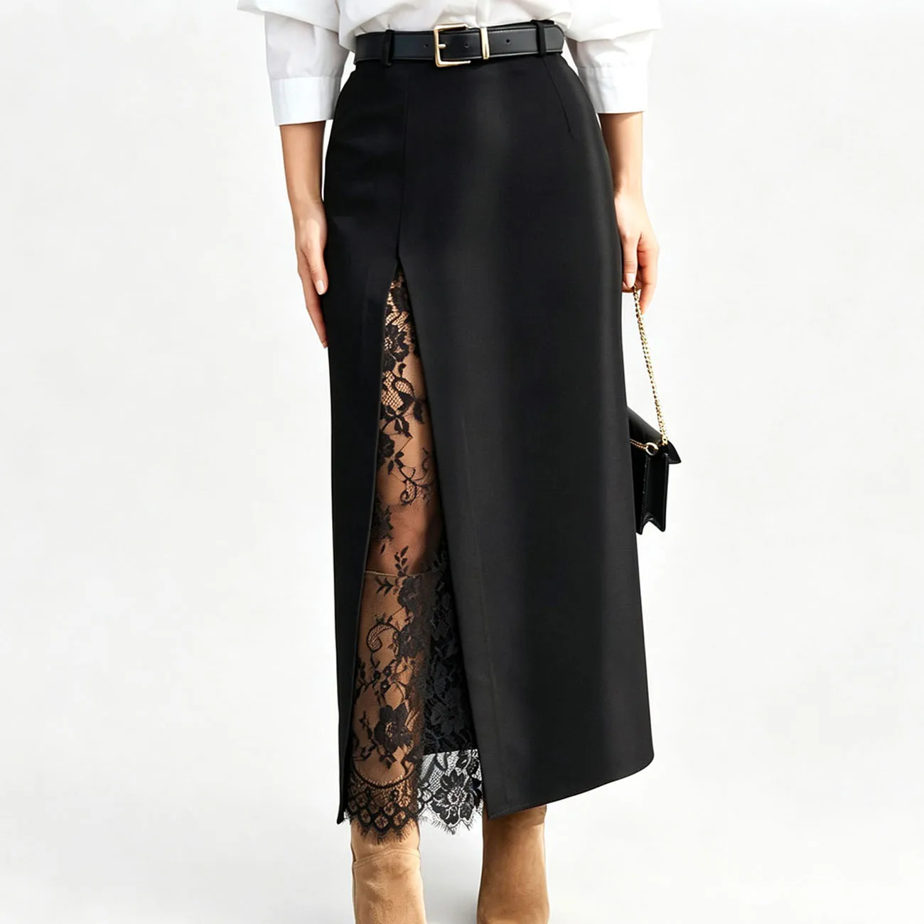 Women Black High Waist Midi Skirt Elegant Lace Patchwork Split Long Skirt Office Party Fashion
