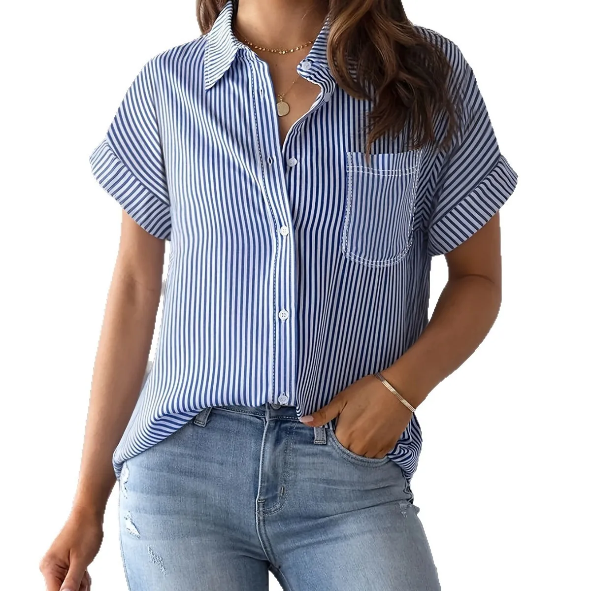 Short Sleeve Striped Shirt Regular Length Elegant and Refined with Commuter Chic Striped or Checkered Pattern Women Blouse