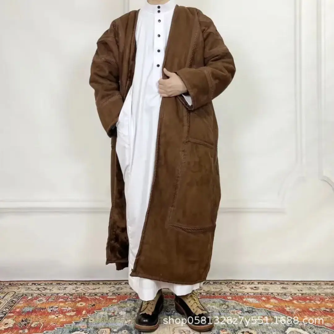 جديد الإسلامية جوبا ثوب المملكة العربية السعودية الشتاء سميكة الدافئة فو الفراء بيشيت للرجال سترة كيمونو معطف قفطان عباية ملابس مسلمة