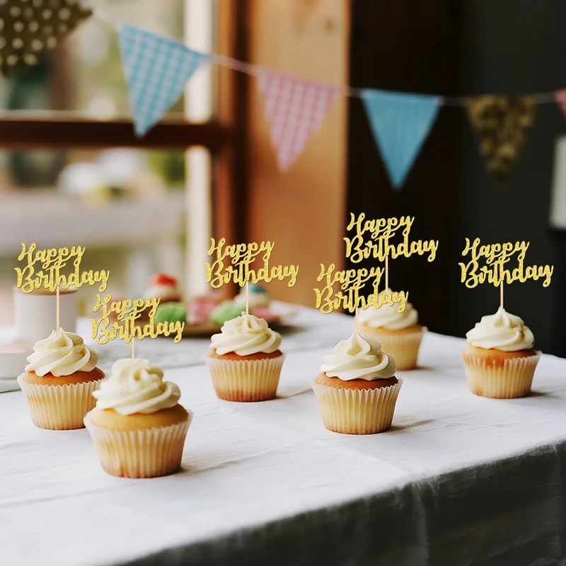YOMDID 24 Stück glitzernde Cupcake-Topper zum Geburtstag, Kuchen-Picks zum Feiern, Geburtstag, Kuchendekoration, Party-Dekoration, Zubehör – Detail 8