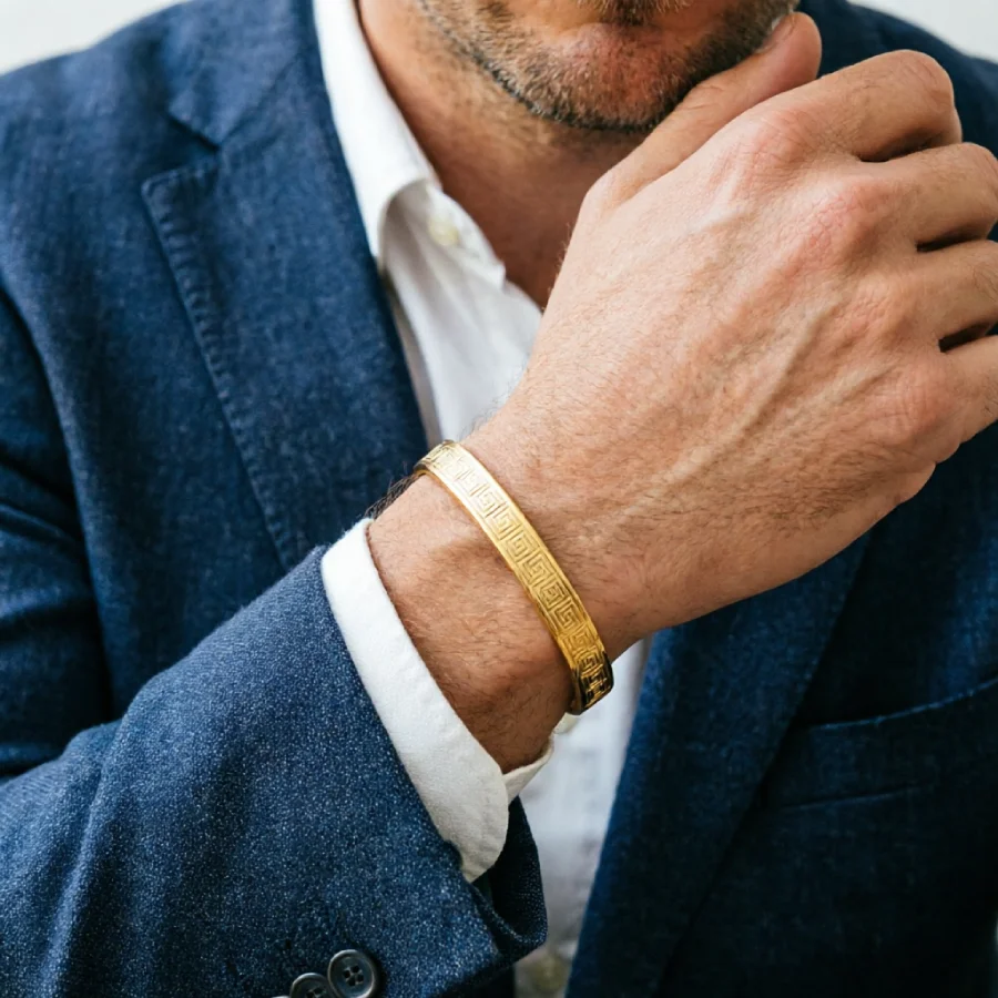 Stylish Men Geometric Greek Key Cuff Bangle Stainless Steel Spiritual Protection Bracelet Ward Off Evil Energy Amulet Jewelry