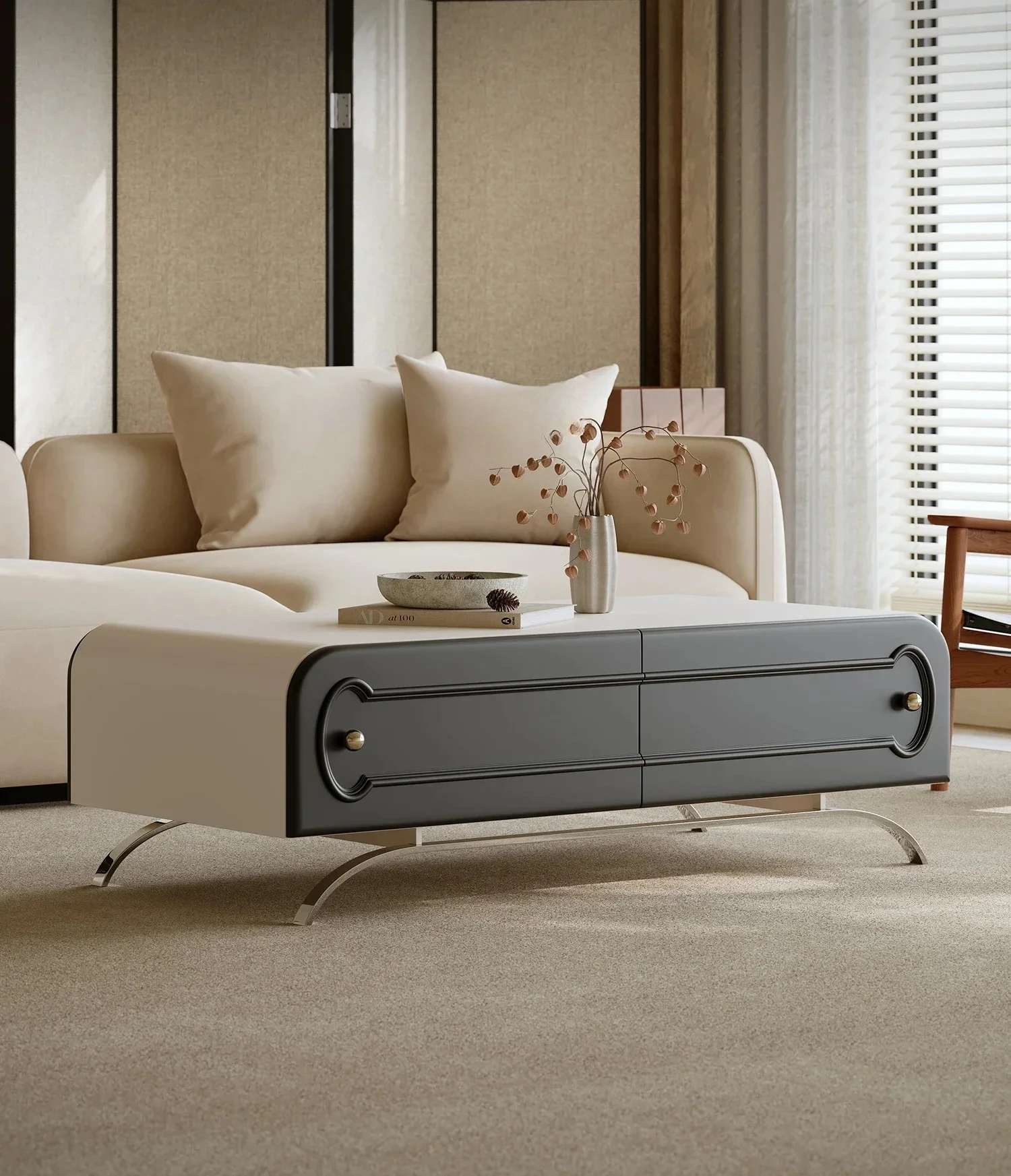 طاولة قهوة إيطالية بسيطة ومستطيلة مطلية من الفولاذ المقاوم للصدأ وغرفة معيشة فاخرة راقية #2