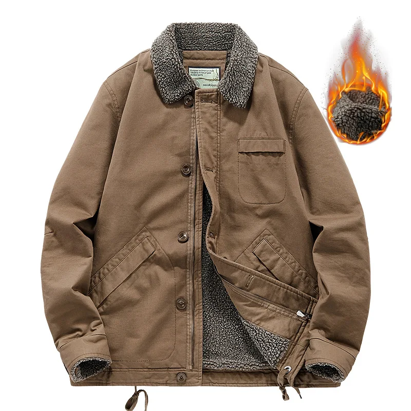 

Winter Casual Men's Fleece Thickened Lapel Military Padded Jacket Loose Lamb Fleece Men's Padded Clothing