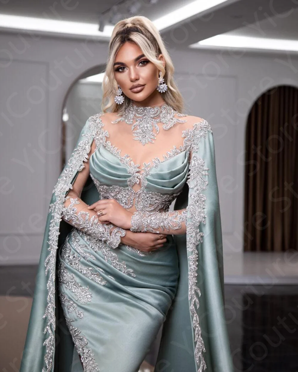 Exquisite Light Blue Evening Dresses 2024 with Cape Prom Gowns Mermaid High Neck Side Split Wedding Party Dresses Long Sleeves