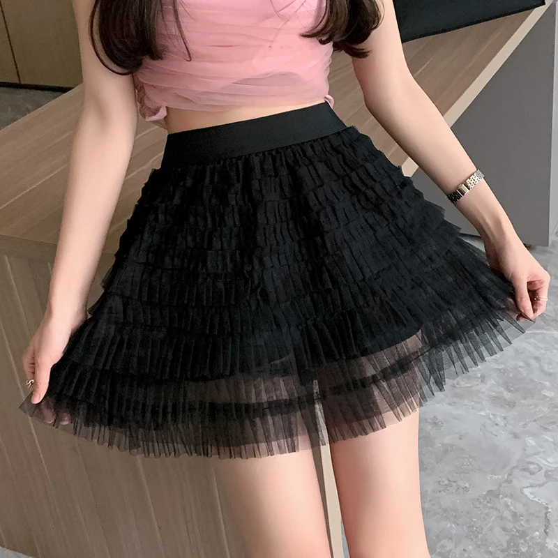 Anti glare mesh half skirt for women in spring and summer, elastic waist, small stature, slim and fluffy half skirt, short skirt