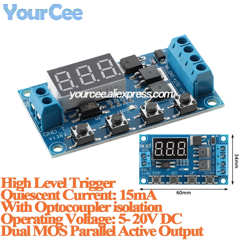2pcs/1pc Delay Switch Relay Module High Level Trigger cycle timing dual MOS tube control board with optocoupler isolation