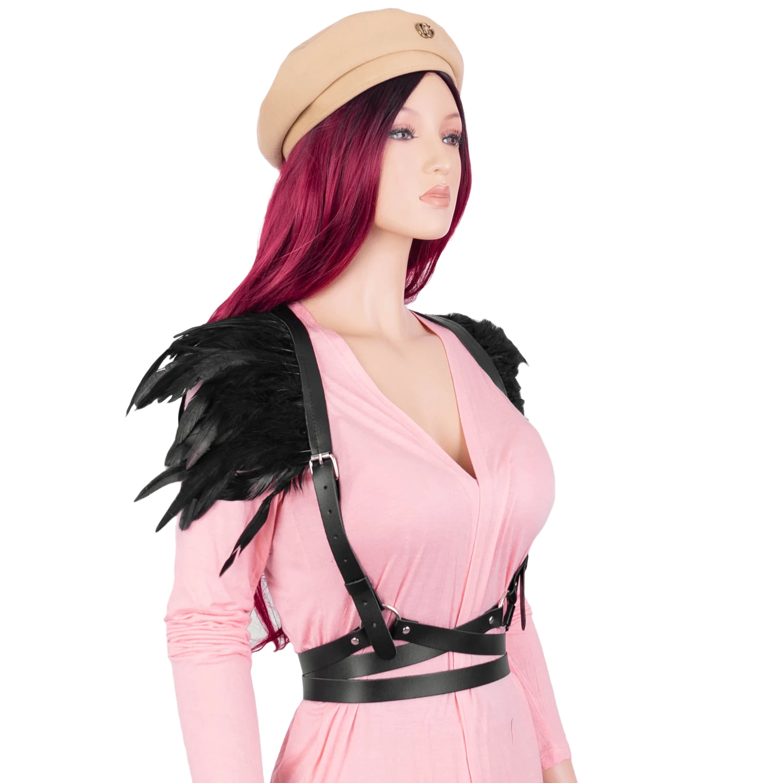 Punk PU Feather Shrug Shawl Gothic Feather Cape Natural Feather Shrug Shawl Women Halloween Cosplay Stage Show Costume