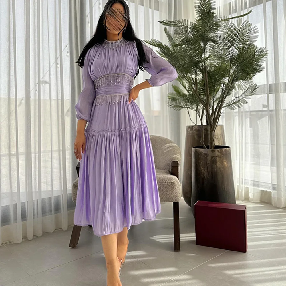 

Customized Delicate Jersey A-Line Tassel Evening Dress Tea Length High Collar 3/4 Sleeves Photo Color Prom Gowns Saudi Arabia 20