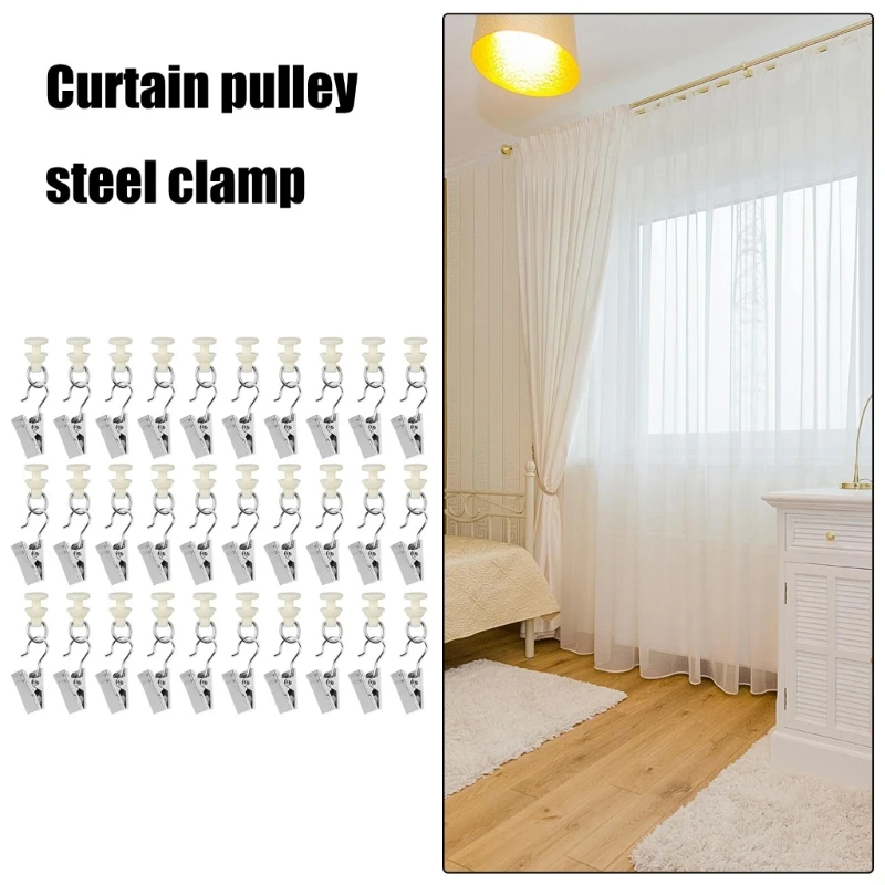 1set Shower Curtain Pulley Clamps 30pcs Iron Hooks+30pcs Gliders Metal Curtain Hooks for Drapery Rails Smooth Glidings