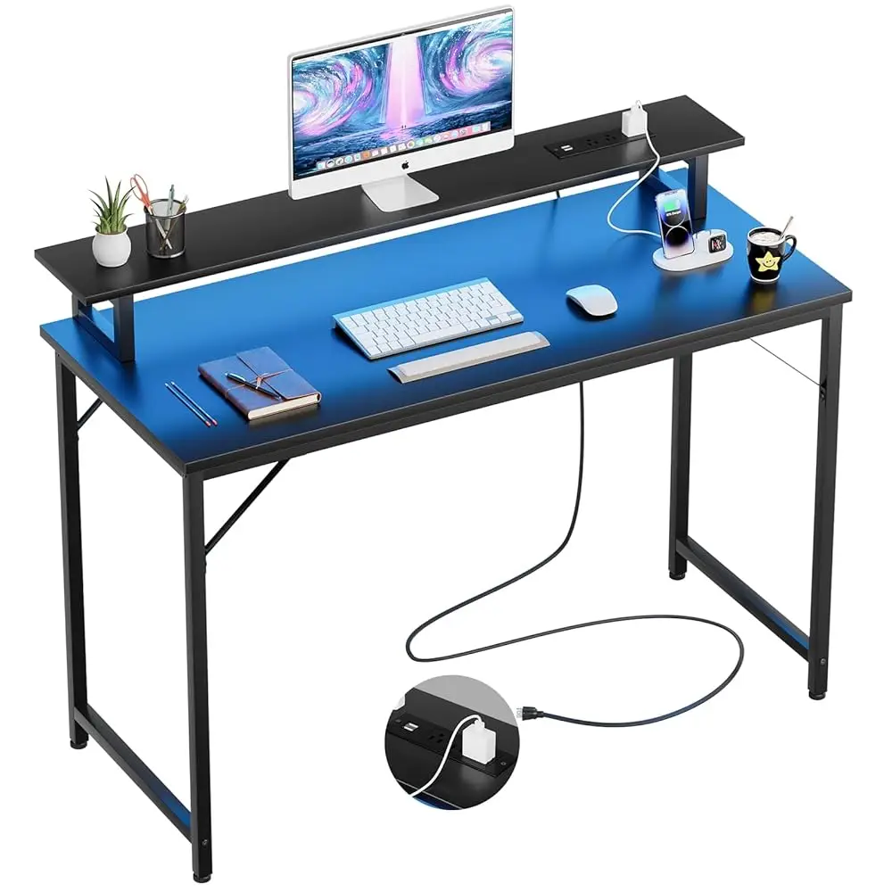 

47 H Computer Desk With Power Outlets, Gaming Desk With Led Lights, Home Office Work Desk With Monitor Shelf, Modern Office