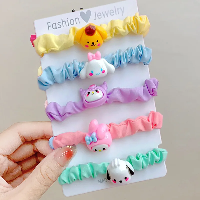 Sanrio-set de 5 coleteros para el pelo de Hello Kitty, accesorios para el cabello de dibujos animados, Pochacco Kuromi My Melody, banda de goma, regalo para niñas