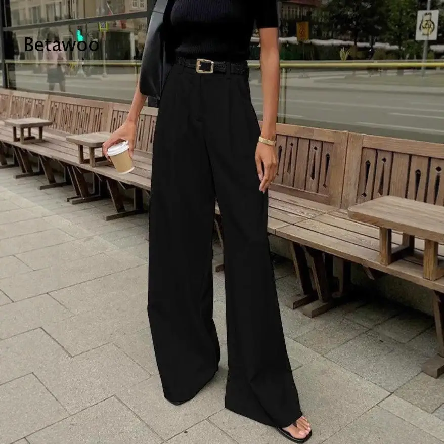 Classic Pleated High Waist Relaxed Wide Leg Suit Trousers With Accessory Belt Suitable For Multiple Occasions Daily Wear