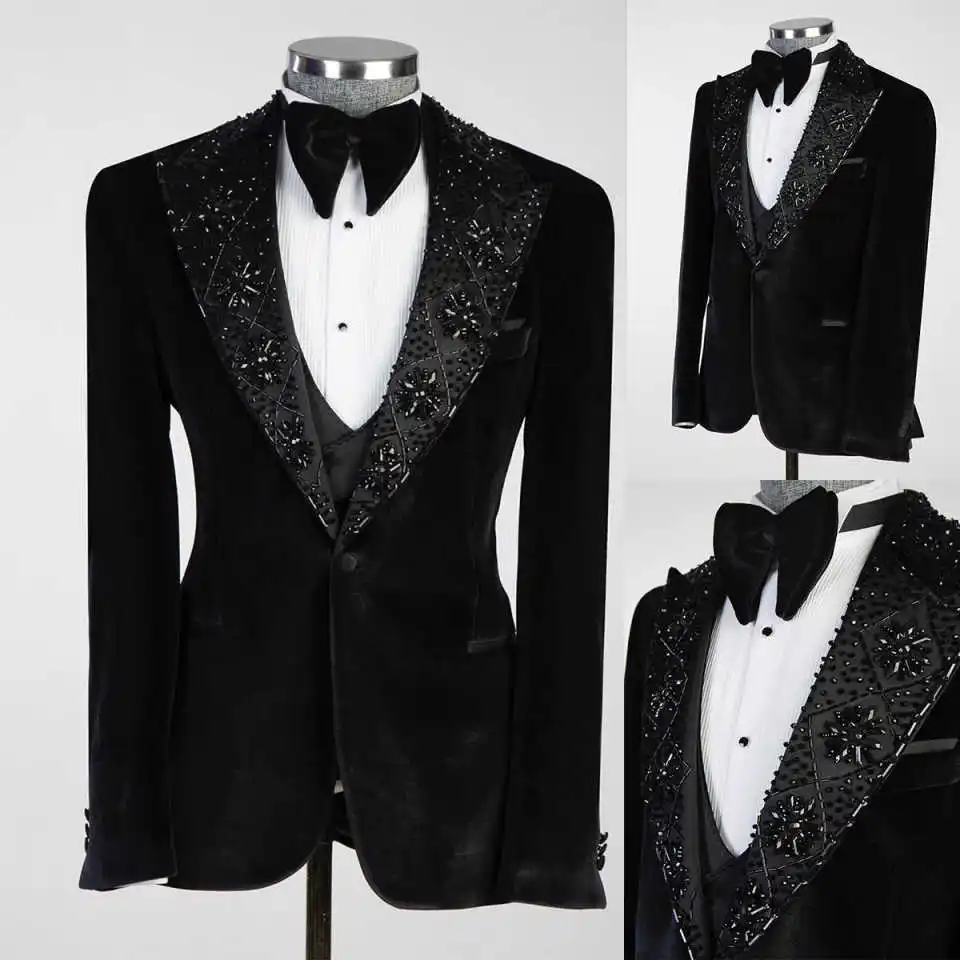 Groom Wear Wedding Tuxedos Black Beads Mens Prom Blazer Tailored Formal Party Men Skinny 2 Piece Jacket Vest