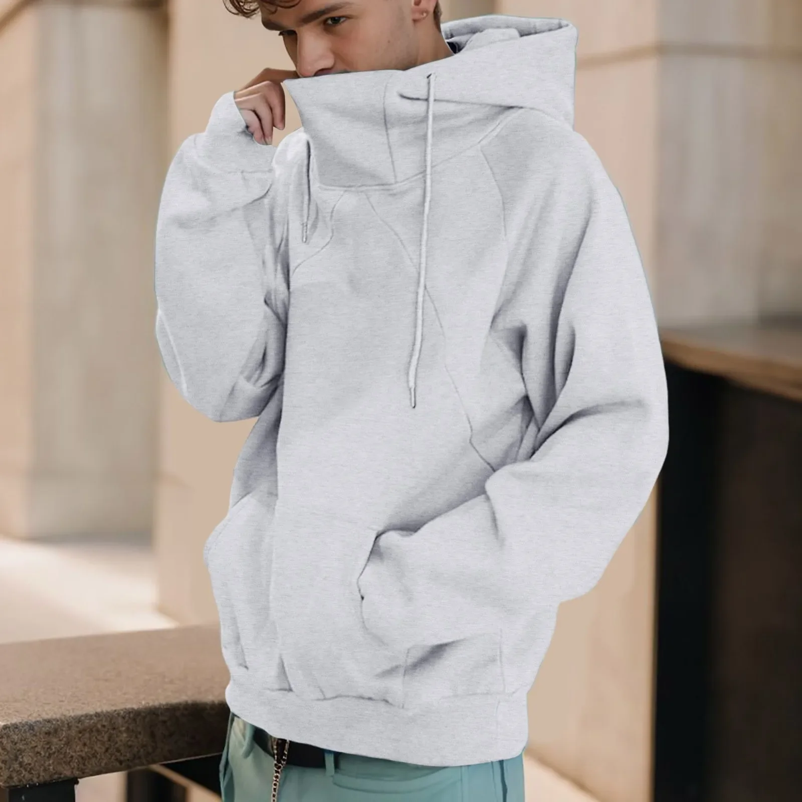 Sudadera con capucha holgada de cuello alto para hombre, sudadera informal con capucha, jersey de manga larga solido sudaderas