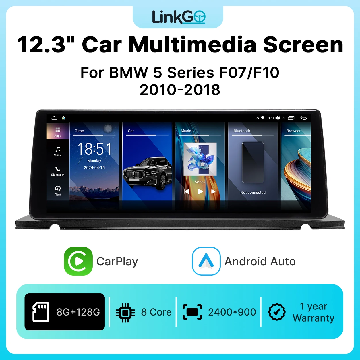 Android Car Multimedia Player with 12.3 Inch Touchscreen for BMW 5 Series F07 F10 2010–2018 CarPlay Android Auto GPS