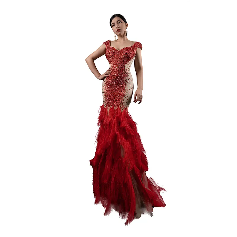 Red Evening Dress Custom Made Luxury Banquets Handmade Beaded Ostrich Hair Design Short Sleeve Elegant Dress High Quality 998