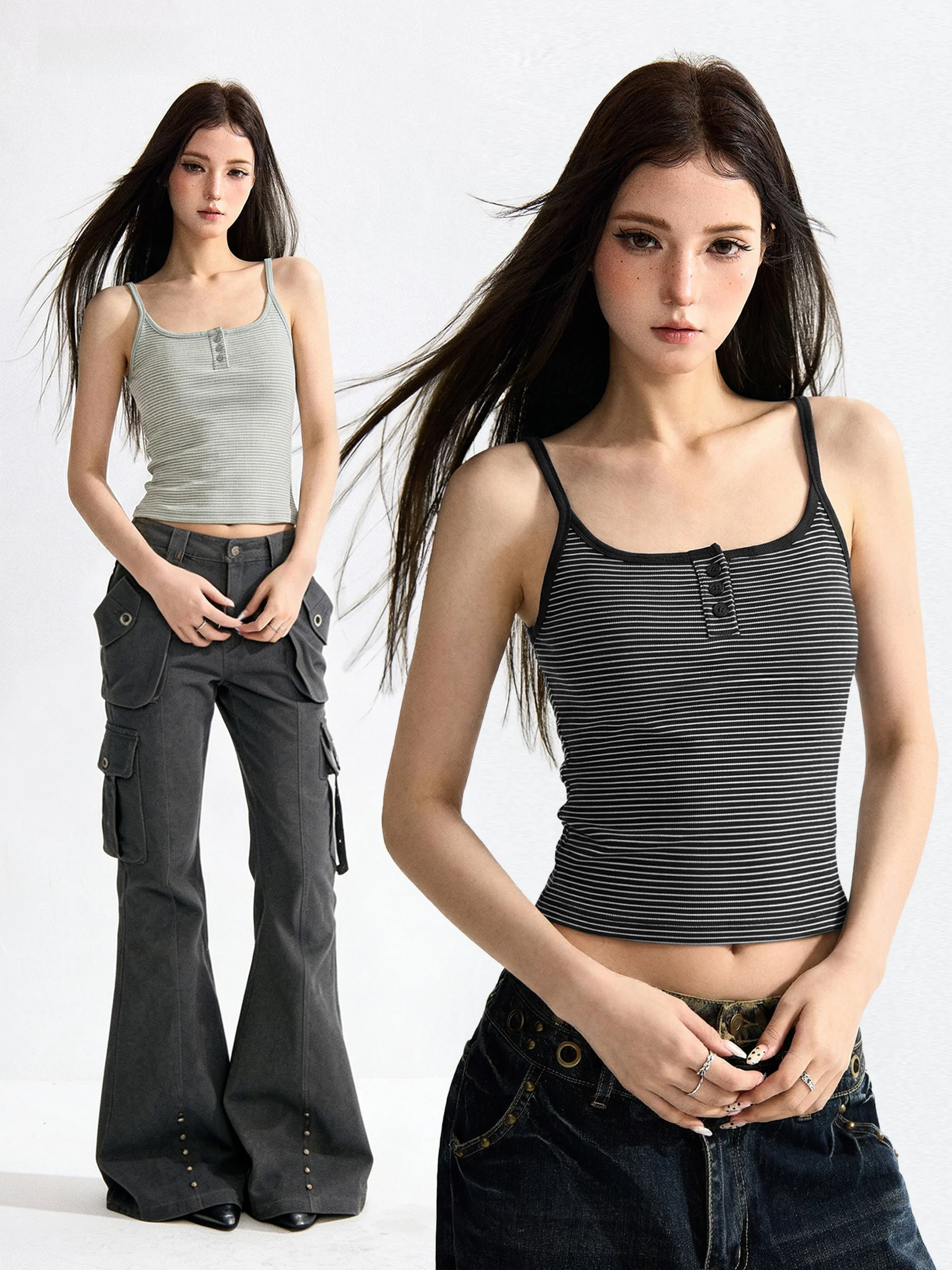 

Slimming Effectiveness Striped Design Women's Tank Top with Chest Pad Button Detail Summer Fashion Sexy Style Short Length