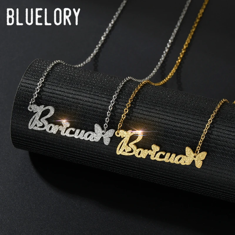 Bluelory Vintage Custom Name Frosted Necklaces For Women Stainless Steel Personality Nameplated Butterfly Necklace Best Gift