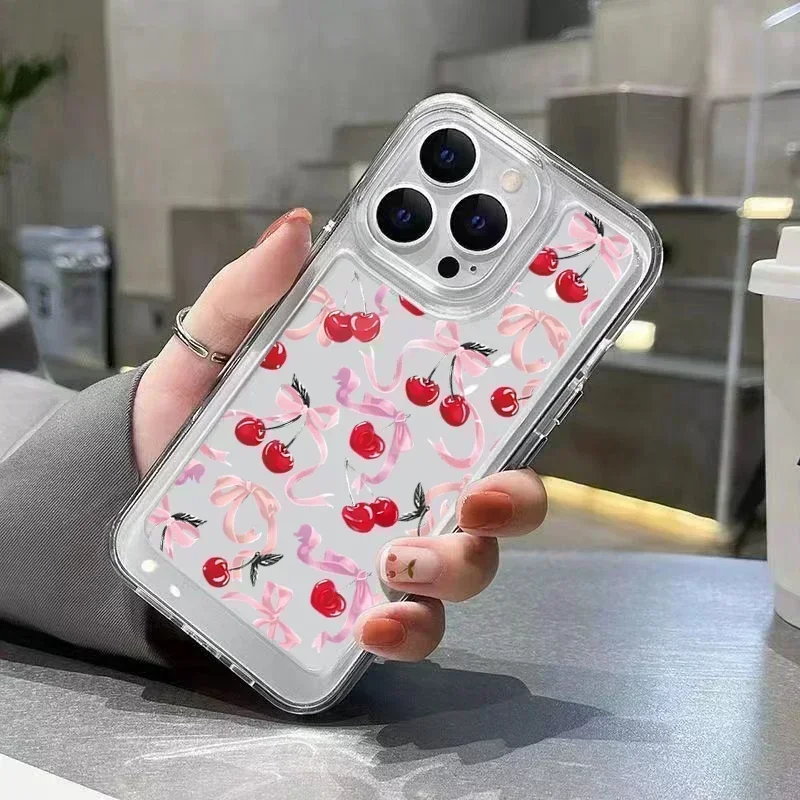 Soft Clear Phone Case For iPhone 15 Cases iPhone 14 13 12 11 Pro Max XS X XR 7 8 15 14 Plus SE 2020 Cherry bowknot Pattern Cover