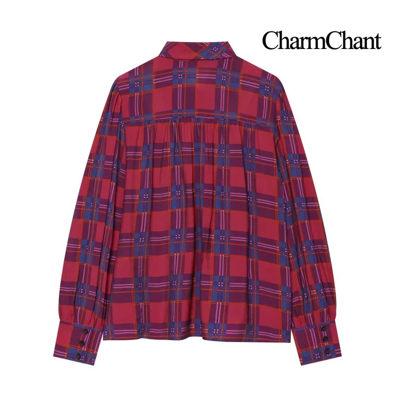 CHARMCHANT Women's Plaid Shirt Bow Tie Collar Long Sleeve Puff Sleeve Loose Blouse Elegant Office Daily Casual 2026 Autumn