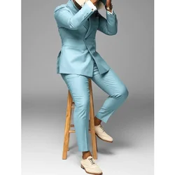 Chic Solid Men Suits 2 Piece Fashion Peak Lapel Double Breasted Wear Slim Daily Prom Wedding Party Male Suit (Blazer+Pants)
