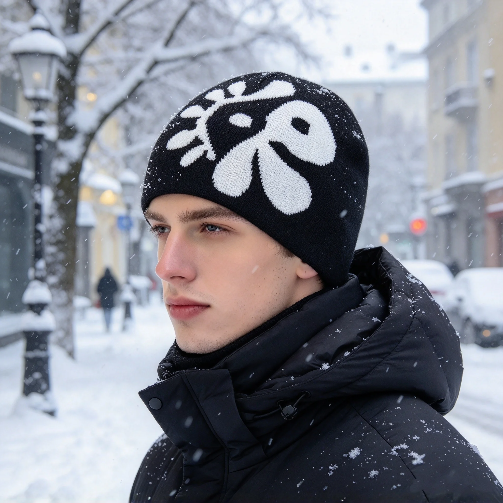Street-Style Abstract Floral Jacquard Men's Brimless Beanie, Soft Knitted Stretch Fabric, Suitable for Autumn and Winter Outdoor Skiing and Snow Activities, Warm Pullover Winter Hat