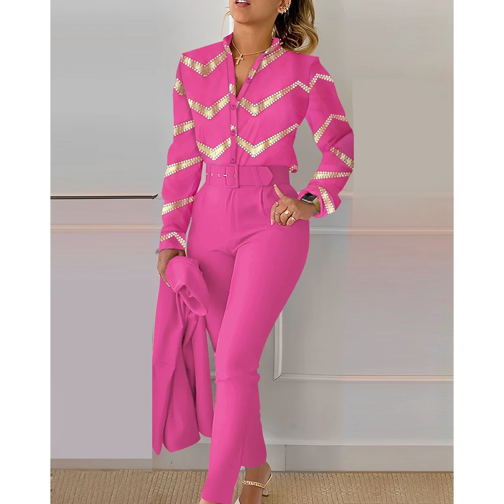 2024 Women Bronzing Chevron Print Shirt Top & Pants Set with Belt Korean Style Office y2k Ensemble Femme 2 Pieces Sets Workwear