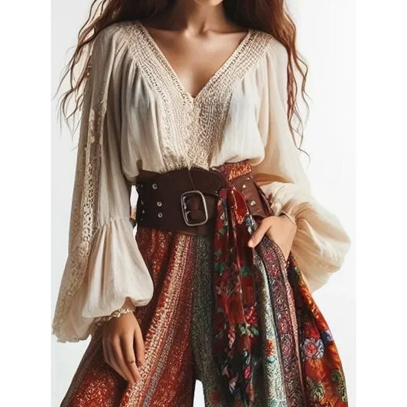 Blusa bohemia con mangas abullonadas, Color sólido, cuello en V, encaje, retazos, estilo étnico, Tops para mujer, blusas elegantes para primavera, verano y otoño