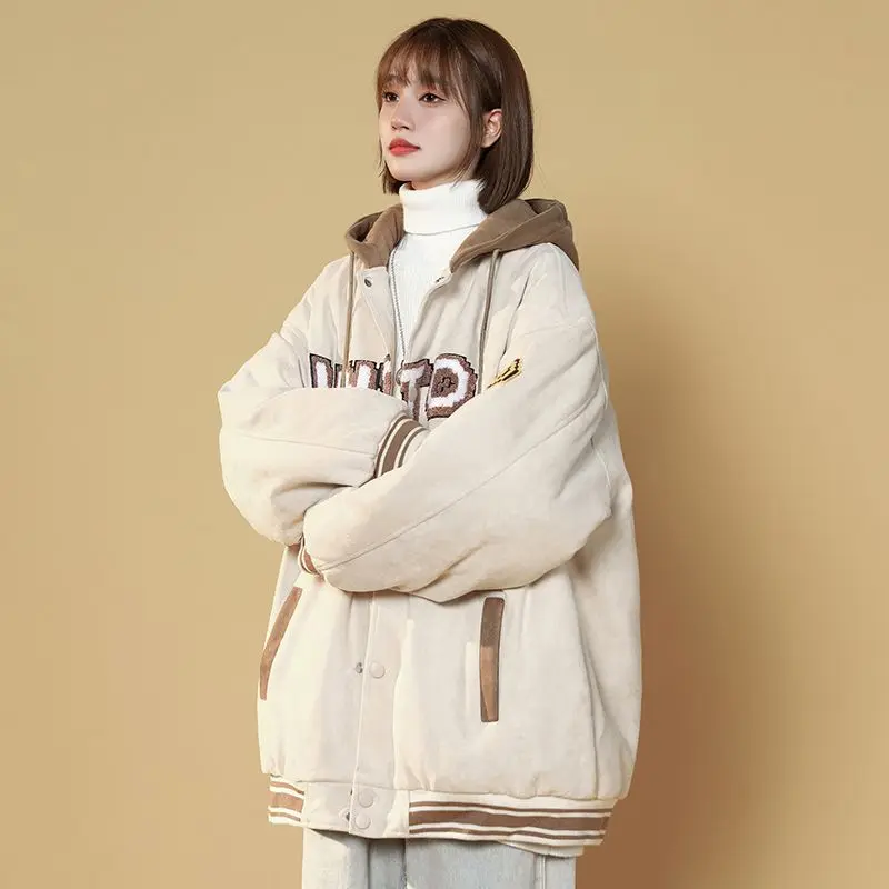 Women's Fake Two Layer Baseball Style Hooded Sweatshirt Spring Fall Fleece Loose Zip Up Cardigan Coat
