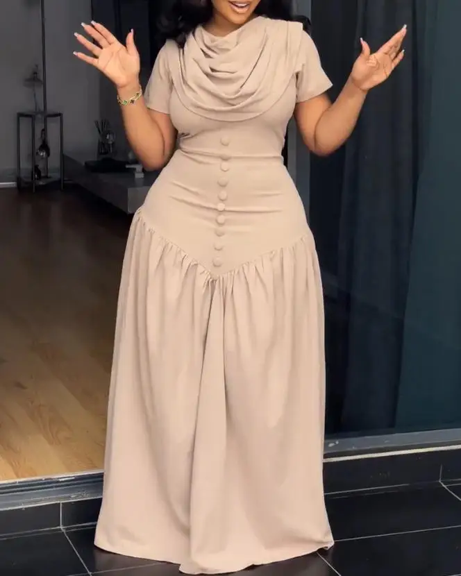 Women Dress 2026 New Single Breasted Decor Cowl Neck Short Sleeve Cinched Waist Maxi Dress Elegant Zipper Back Ruched Long Dress