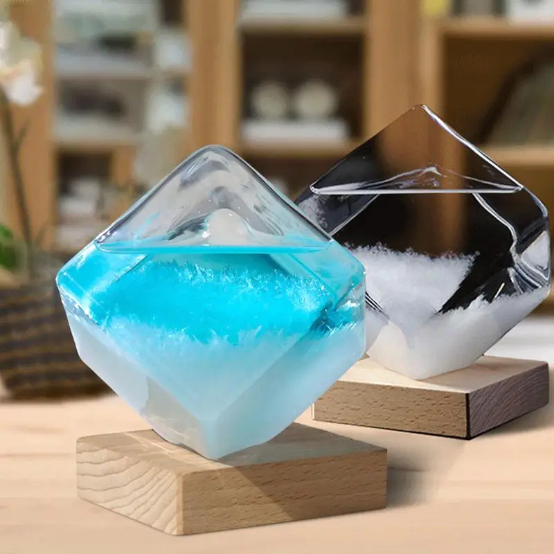 Square Weather Forecast Bottle Blue Ocean Predictor Monitor Glass Storm Bottle with Wooden Base Room Ornaments Birthday Gifts