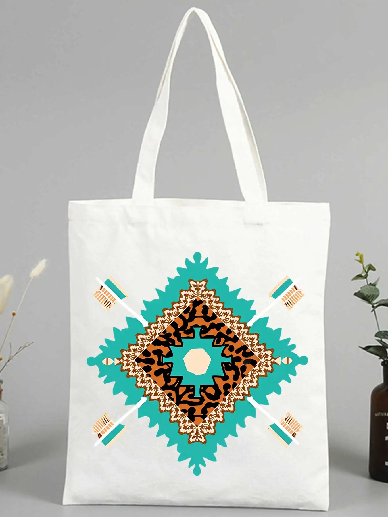 geometric tribal print canvas tote bag with arrow accents, bohemian style for daily shopping and casual outings