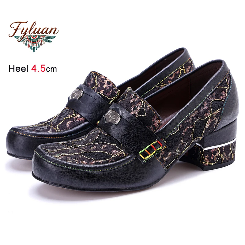 

Fashion Spring Summer Splicing Retro Print Lace Women's Shoes Thick Middle Heels 4.5cm Shallow Mouth Ladies Pumps Bohemian Shoes
