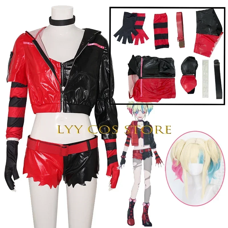 EE01 Costume cosplay Clown Harley Quinzel IDE isekai Joker ragazza scrolls parrucca uniforme set vestito da festa di Halloween per le donneIo0!