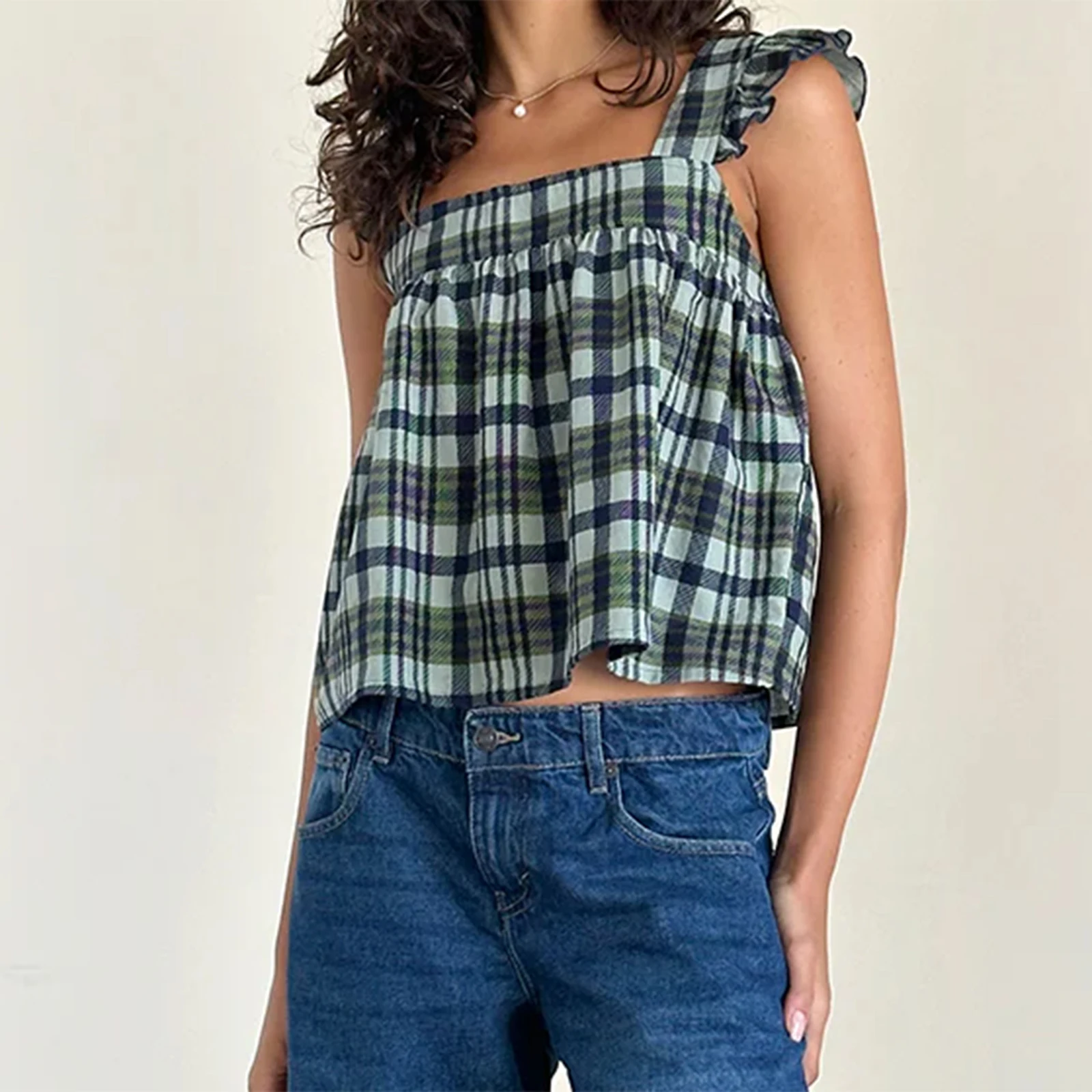 

Women Cute Babydoll Tank Tops Plaid/Flower Square Neck Flying Sleeve Backless Ruffle Shirts Casual Summer Y2K Clothes