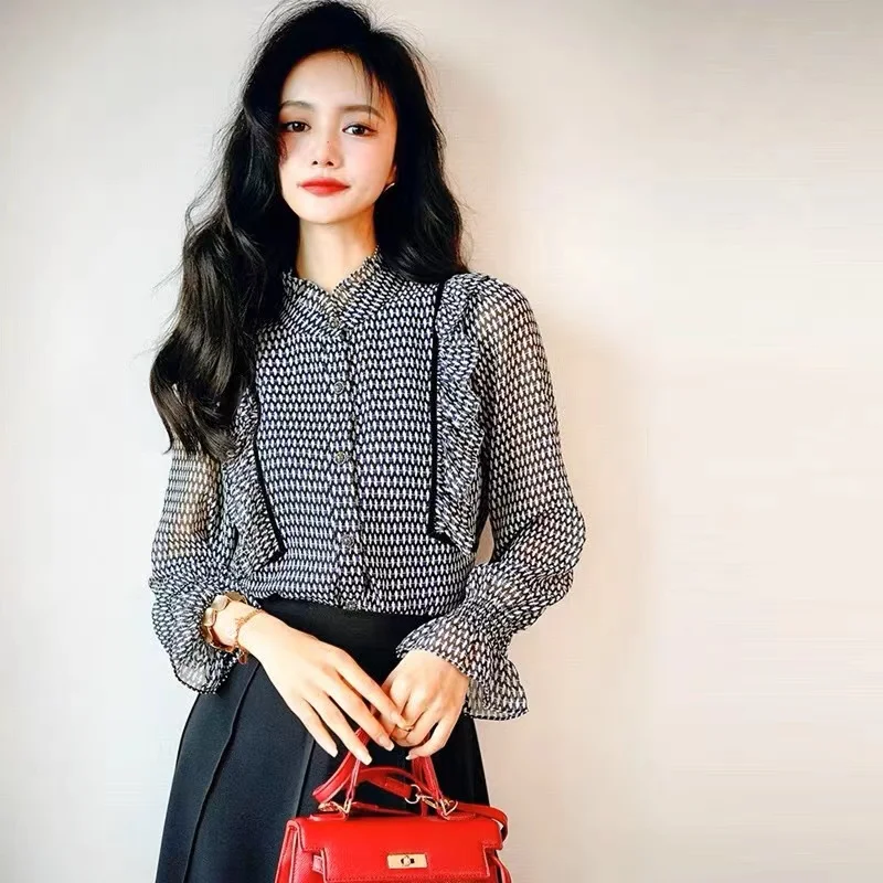 

Женская шелковая блузка Ele Retro с воротником-стойкой, уникальная, стильная, длинная, для ранней весны, из полиэфирного волокна