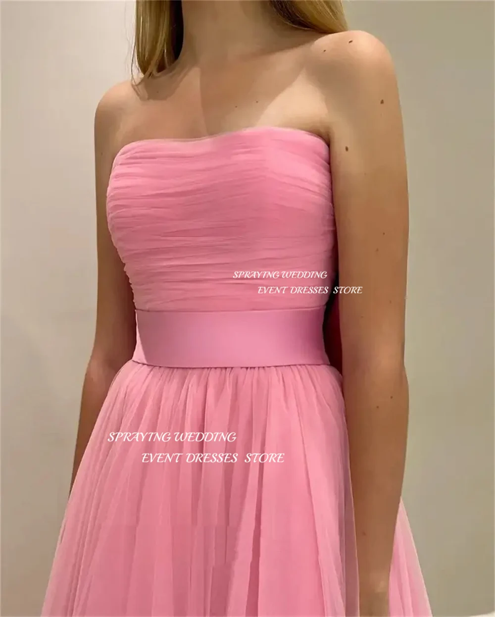 Éventuelles RAYING-Robe de Soirée en Tulle Rose, Sans Bretelles, Ligne A, Simple, Longueur au Sol, pour Bal de Promo, pour Occasions Formelles, avec Nministériels d dans le Dos