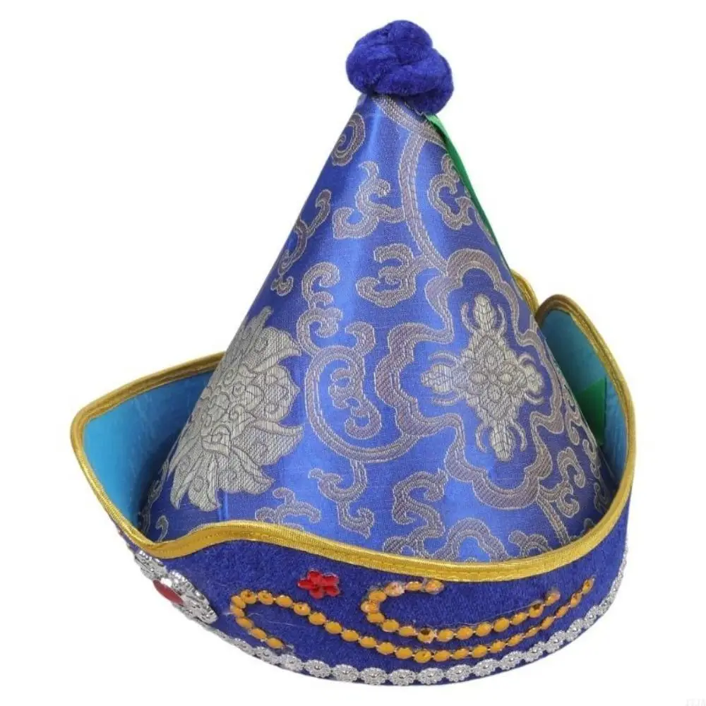 

Exotic Blue Mongolian Hat Ethnic Style Breathable Performance Headwear Traditional Cosplay Design Ethnic Headwear Ethnic Events